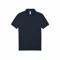 A BA261 B&C Collection short-sleeved polo shirt, featuring a plain black design with a collar and three buttons, is laid flat on a white background.