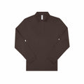 The BA262 from B&C Collection is a dark brown long-sleeve polo shirt featuring a collared neckline and three buttons. Displayed against a white background, the shirt's simple and classic design is highlighted.