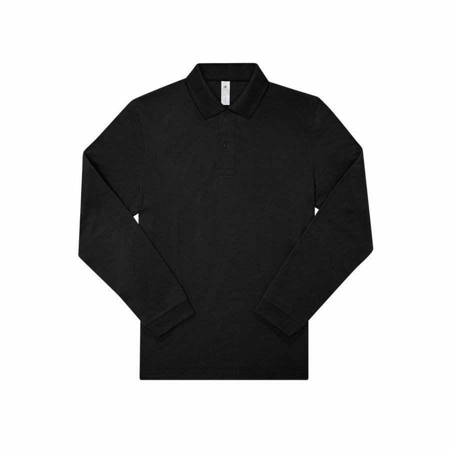 BA264 by B&C Collection: A black long-sleeve polo shirt featuring a collar and three-button placket, laid flat on a white background.