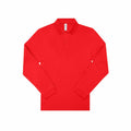 A vibrant red BA264 long-sleeve polo shirt by B&C Collection, featuring a collar and three buttons, is displayed laid flat on a white background, showcasing its front side in full view. The shirt has a clean and simple design.