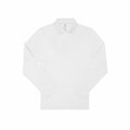 The BA264 by B&C Collection is a long-sleeve white polo shirt, showcased on a plain white background. It includes a collar and three buttons at the top center, with neatly positioned sleeves that contribute to its simple and clean design.