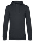A black hooded sweatshirt features long sleeves, a front kangaroo pocket, and hood drawstrings. Displayed on a white background.