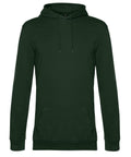 A dark green hoodie sweatshirt featuring long sleeves, a front kangaroo pocket, and hood drawstrings, shown on a white background.