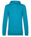 A bright turquoise hoodie sweatshirt with long sleeves, front pouch pocket, and adjustable hood drawstrings, shown on a white background.