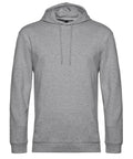 A plain light grey hoodie with long sleeves, a front pocket, and hood drawstrings is shown on a white background, facing forward.