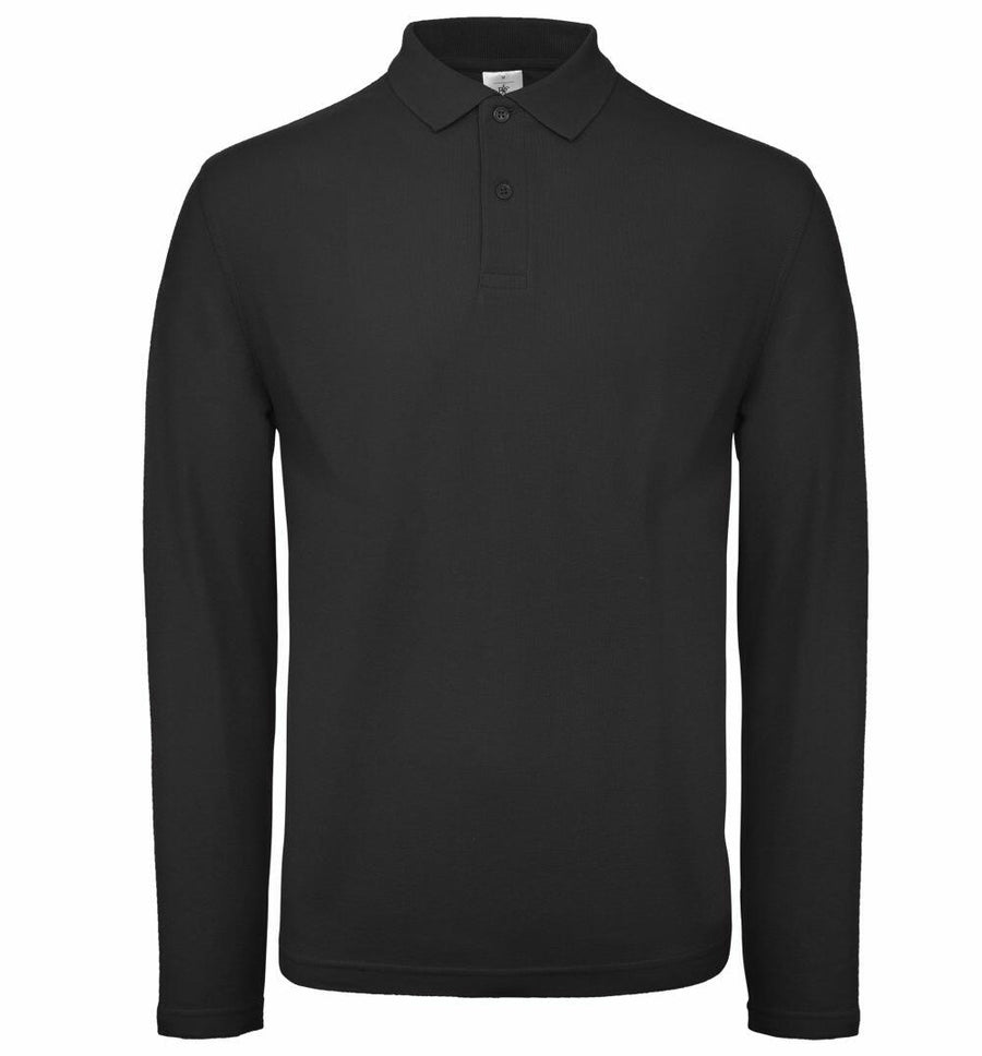 A B&C Collection BA290 long-sleeve polo shirt in black, displayed against a white background.