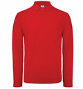 A plain, long-sleeved red polo shirt with a collar and buttons from the B&C Collection's BA290 line is displayed against a white background.