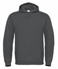 The BA405 hoodie by B&C Collection features a plain dark gray color with a front kangaroo pocket and a drawstring hood, and is displayed on a white background.