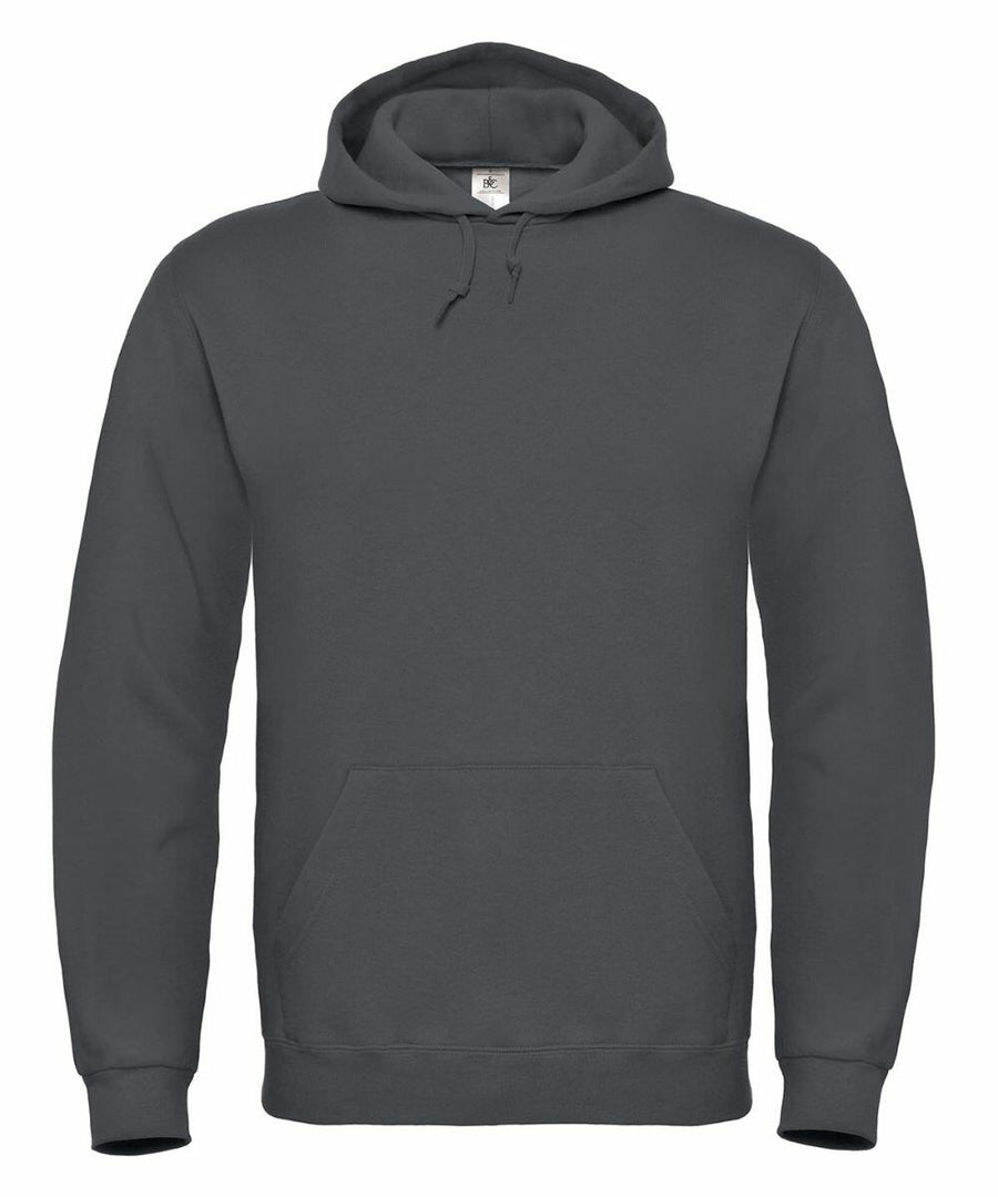 The BA405 hoodie by B&C Collection features a plain dark gray color with a front kangaroo pocket and a drawstring hood, and is displayed on a white background.