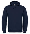 A plain dark blue hoodie from the B&C Collection, featuring a front pocket and drawstring hood, is displayed against a white background. The BA405 hoodie is shown facing forward.