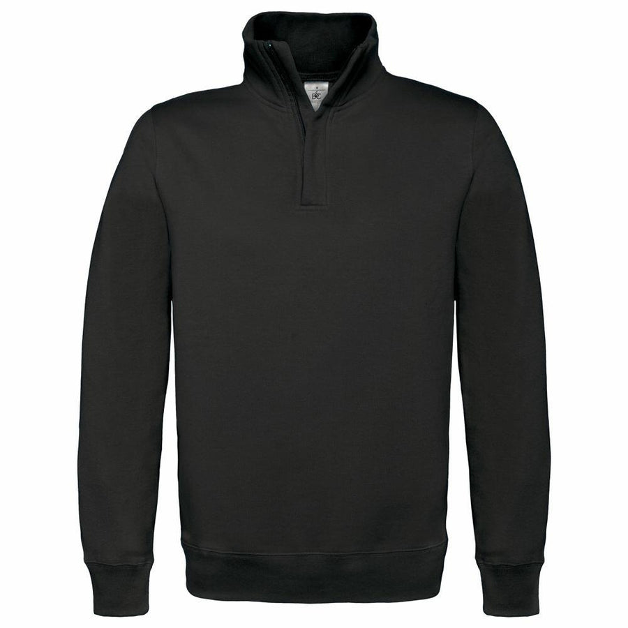 A black quarter-zip pullover sweatshirt from B&C Collection, model BA406, featuring a high collar and showcased against a plain white background.