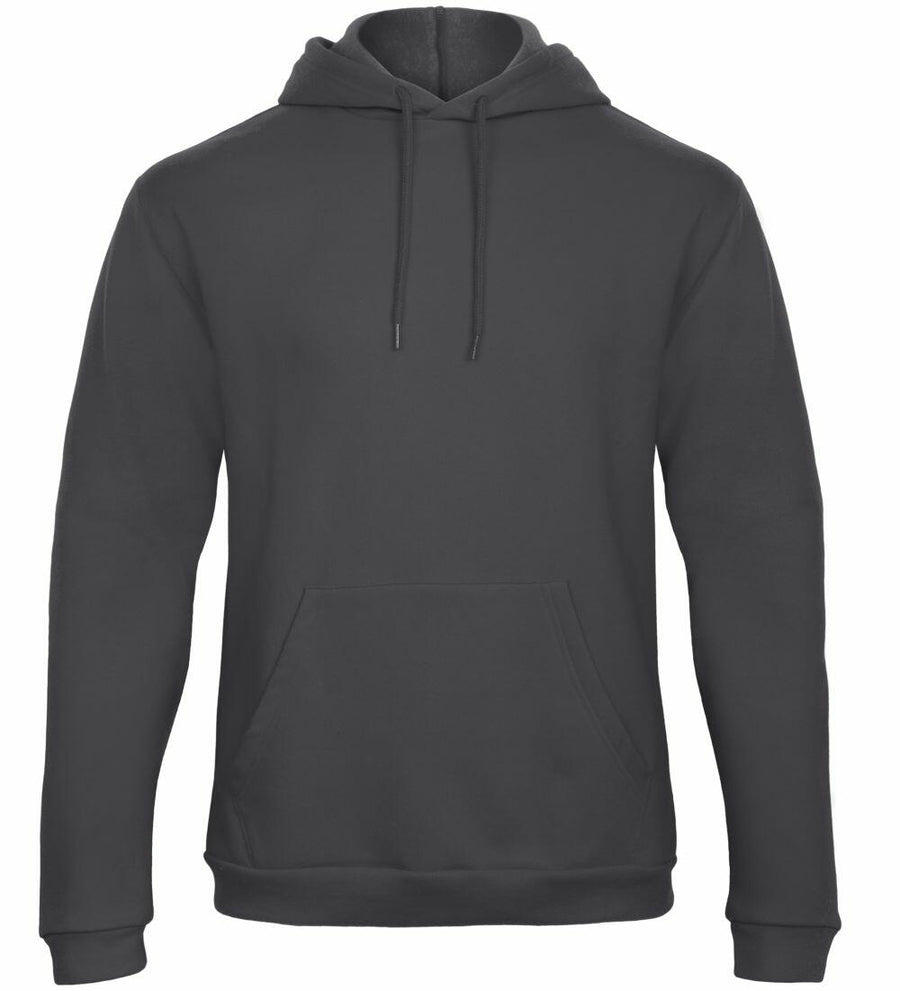 The B&C Collection BA411 is a plain dark gray hoodie featuring a front pocket and drawstrings.