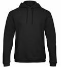 The BA411 by B&C Collection is a black hooded sweatshirt featuring long sleeves and a front pouch pocket.