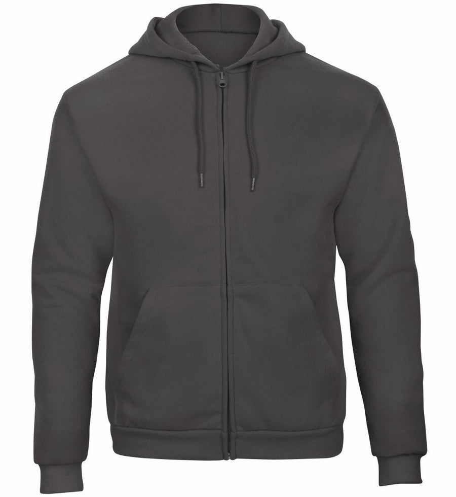The BA412 from B&C Collection is a plain black zip-up hoodie featuring a hood and front pockets.