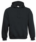 The BA420 by B&C Collection is a plain black hoodie featuring a front pocket and drawstrings.