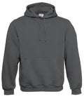 The BA420 by B&C Collection is a plain, dark grey hoodie featuring a front pocket and drawstring hood. Displayed against a white background, this sweatshirt offers a casual, relaxed fit.