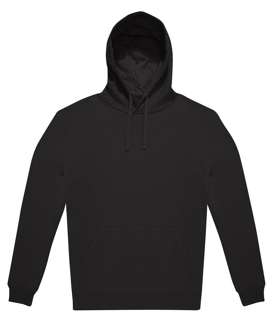 A black hoodie sweatshirt with a front pouch pocket and drawstrings, displayed flat on a white background.