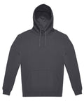 A hoodie sweatshirt in plain dark grey with a hood, front kangaroo pocket, and drawstrings is displayed laid flat on a white background.