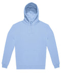 A light blue hoodie with long sleeves, front kangaroo pocket, and hood drawstrings, shown against a white background.