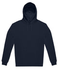 A plain dark navy blue hoodie sweatshirt with long sleeves, front kangaroo pocket, and drawstring hood, shown on a white background.