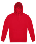 A red hooded jumper with a hood, front pocket, and drawstrings displayed flat on a white background.