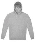 A hoodie sweatshirt in plain light grey with a front pocket and drawstrings is laid flat on a white background.