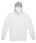 The Hoodies product is a plain white hooded jumper with a front pocket and drawstrings, laid flat on a white background with sleeves and body spread out and the hood upright.