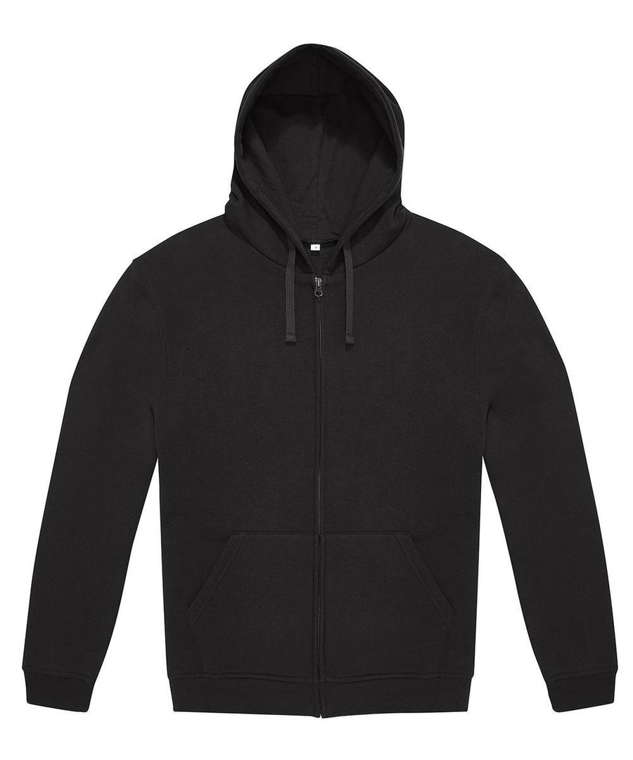 Hoodies: A plain black zip-up hoodie featuring a front zip, two pockets, drawstring hood, and long sleeves, shown on a white background.