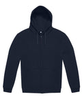 A plain, dark-coloured zip-up hoodie with a front zip, drawstring hood, and two front pockets is displayed on a white background.