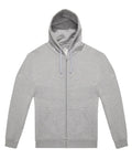 Hoodies: Light grey zip-up hoodie with front zip, two pockets, and an attached hood with drawstrings, shown laid flat on a white background.