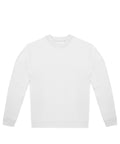 A white crewneck sweatshirt with long sleeves and ribbed cuffs, collar, and waistband is displayed flat on a white background.