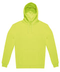 A neon yellow hoodie sweatshirt with a hood, front pocket, and drawstrings is laid flat on a white background.