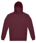 A maroon hoodie with long sleeves, drawstring hood, and front kangaroo pocket, displayed against a white background.
