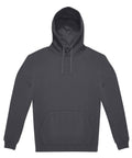 A dark grey hoodie with a front pocket and drawstrings, shown laid flat on a white background.