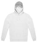 A hoodie sweatshirt in plain white with a front pocket, long sleeves, and hood drawstrings is laid flat on a white background.