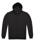 Hoodies: A plain black zip-up hoodie featuring a hood, drawstrings, long sleeves, and two front pockets, shown on a white background.