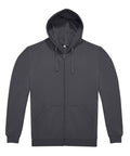 A zip-up hoodie in plain dark grey with a hood, drawstrings, and two front pockets is displayed flat on a white background.