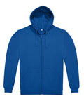 A hoodie zip-up in plain blue, featuring a hood with drawstrings and two front pockets, is laid flat on a white background.