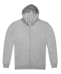 A zip-up hoodie in plain light grey with a hood, drawstrings, long sleeves, and two front pockets, displayed flat on a white background.