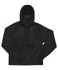 A Jackets product in plain black with a hood, front zip, long sleeves, and elasticated cuffs is laid flat on a white background.