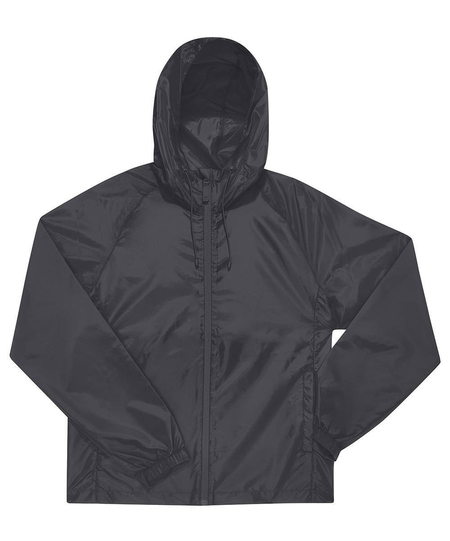 A black, shiny, lightweight hooded jacket with a fully zipped front and slightly angled sleeves, displayed flat.