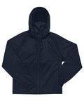 A navy blue, long-sleeve jackets product with a hood, front zip, elasticated cuffs, and two side pockets is shown on a white background.