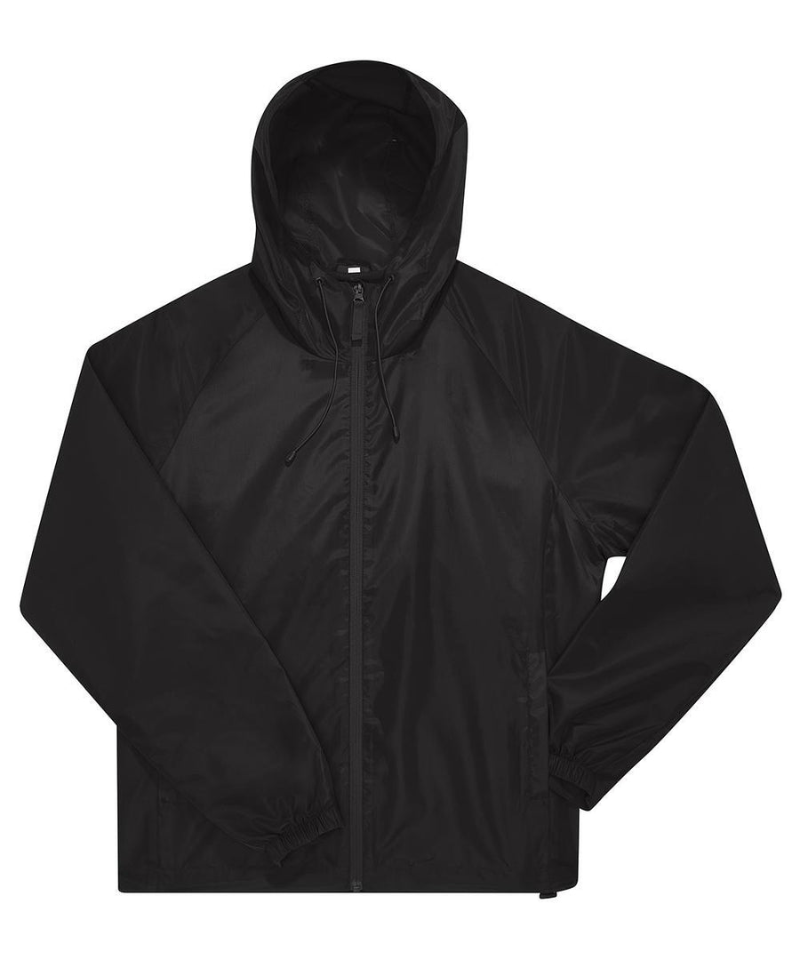 A black hooded jacket with a front zip, long sleeves, and elasticated cuffs is laid flat on a white background.