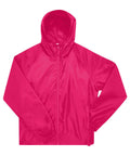 A bright pink Jackets windcheater with a hood, front zip, long sleeves, and elasticated cuffs is laid flat on a white background.