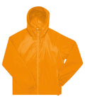 The Jackets product is a bright orange, hooded zip-up with long sleeves, elasticated cuffs, and two side pockets, shown laid flat on a white background.