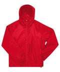 A bright red jacket with a hood, front zip, long sleeves, and elasticated cuffs is displayed flat on a white background.