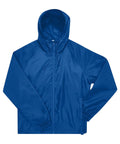 A blue hooded windcheater jacket from Jackets with a front zip, long sleeves, and elasticated cuffs is displayed flat on a white background.