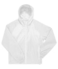A "Jackets" product: plain white, hooded, with a front zip, long sleeves, elasticated cuffs, and side pockets, shown laid flat on a white background.