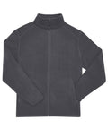 The Fleece is a plain, dark grey jacket with a full front zip, stand-up collar, and two zipped side pockets, shown laid flat on a white background.