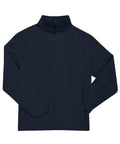 The Fleece is a plain, long-sleeve, navy blue zip-up jacket with two side pockets and a high collar, shown laid flat on a white background.